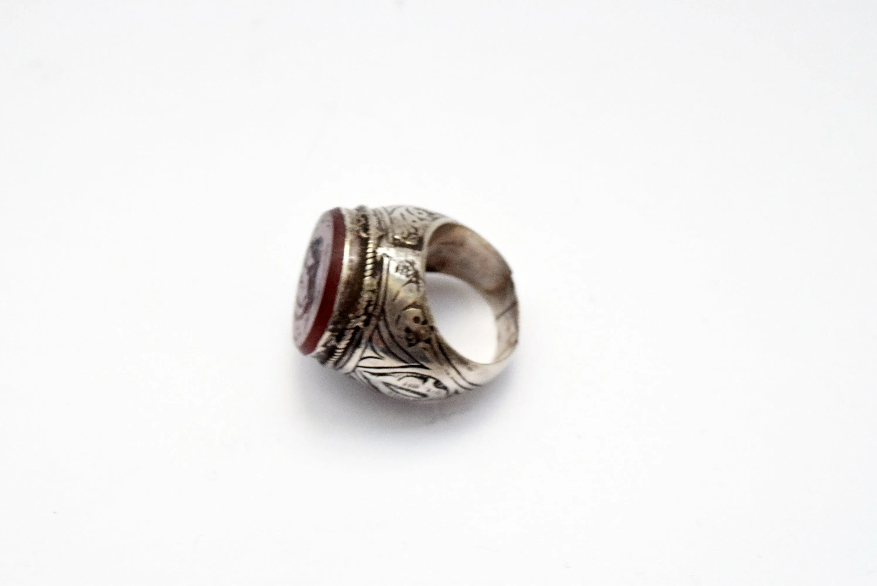 Vintage Tribal Afghan Silver and Carnelian Intaglio Ring Size 10 1/4