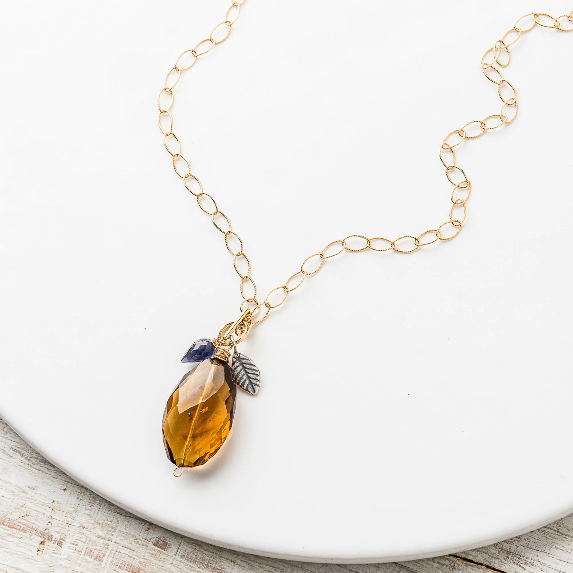 Whiskey Quartz Cluster Necklace with Iolite and Silver Leaf