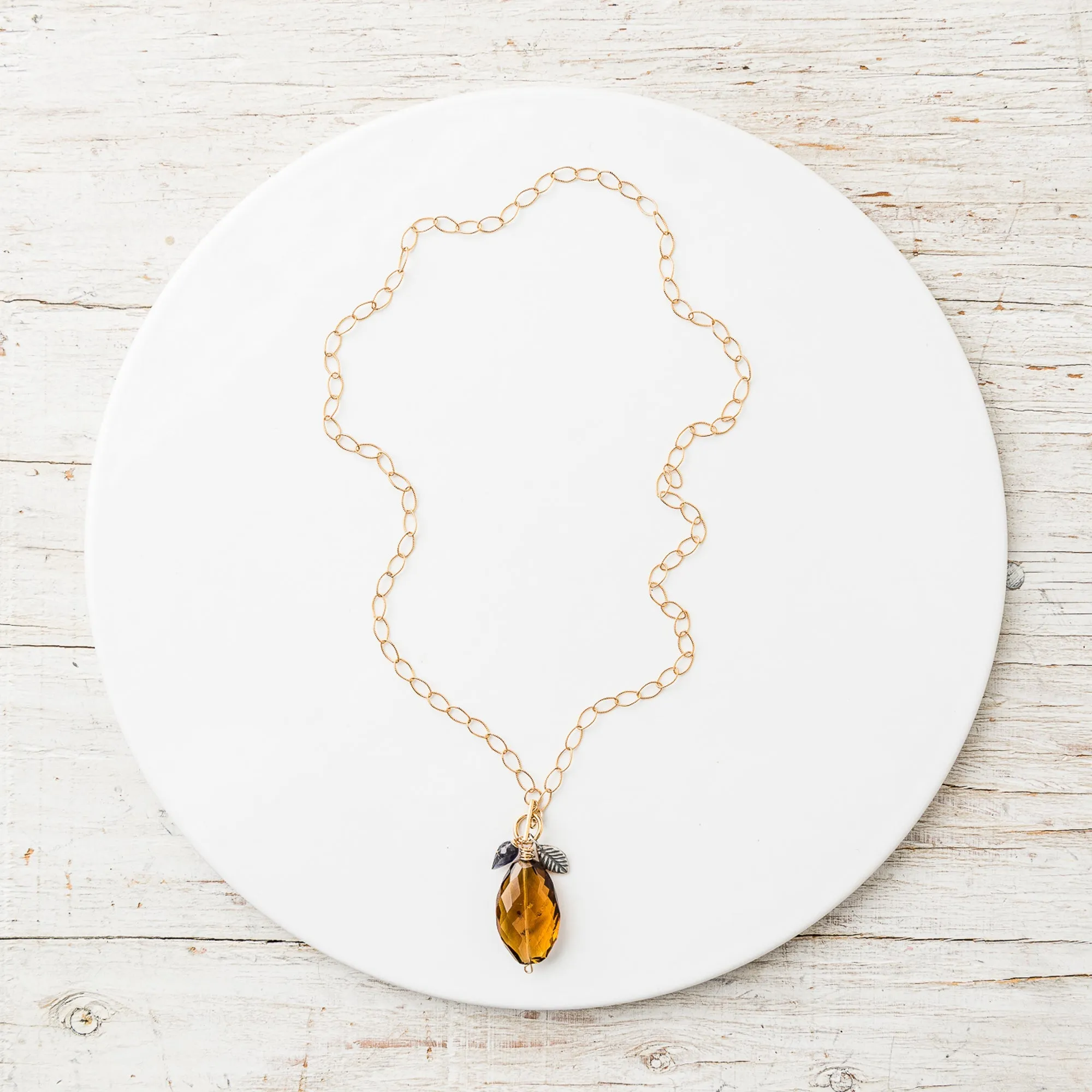 Whiskey Quartz Cluster Necklace with Iolite and Silver Leaf