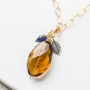 Whiskey Quartz Cluster Necklace with Iolite and Silver Leaf