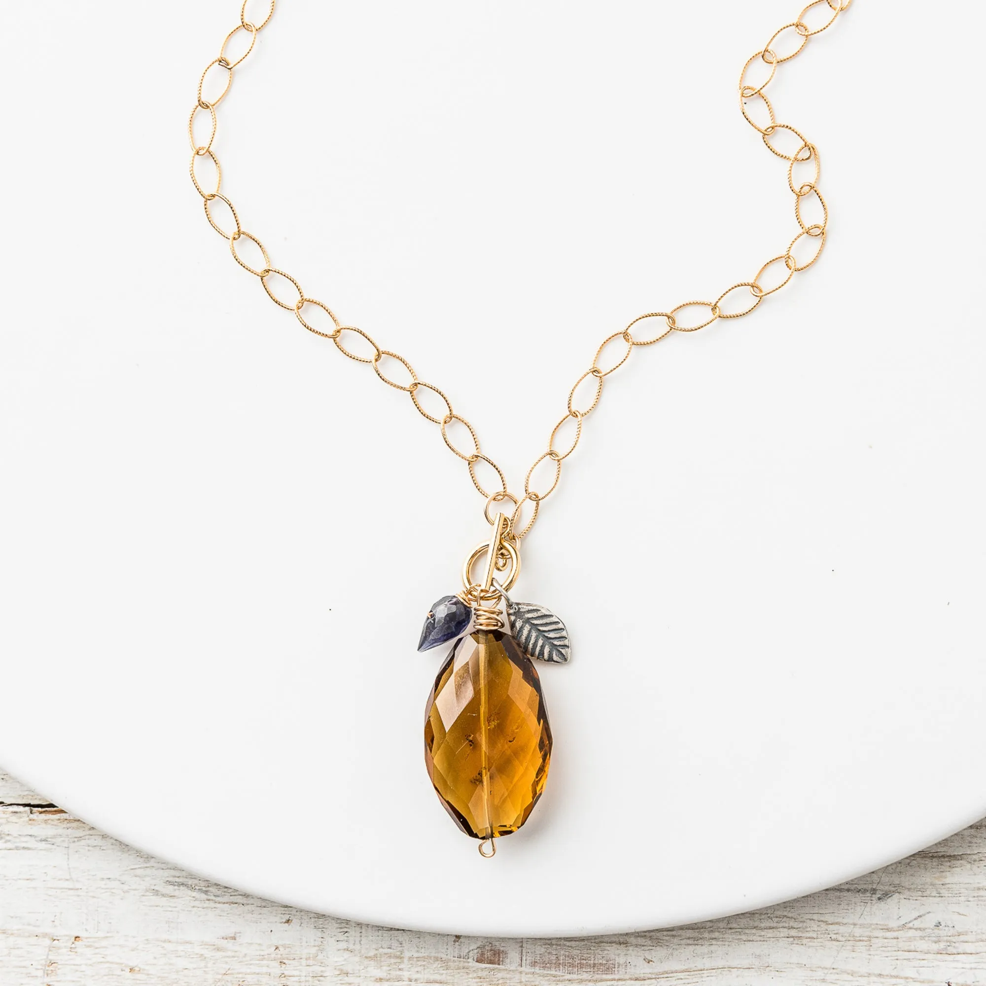 Whiskey Quartz Cluster Necklace with Iolite and Silver Leaf