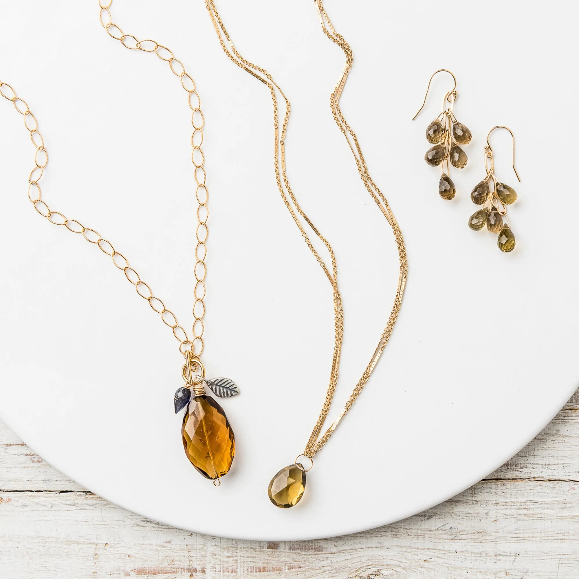 Whiskey Quartz Cluster Necklace with Iolite and Silver Leaf