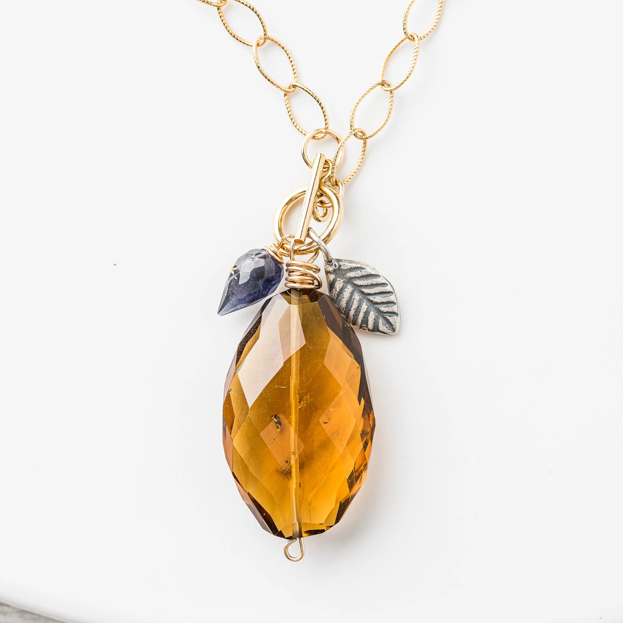 Whiskey Quartz Cluster Necklace with Iolite and Silver Leaf