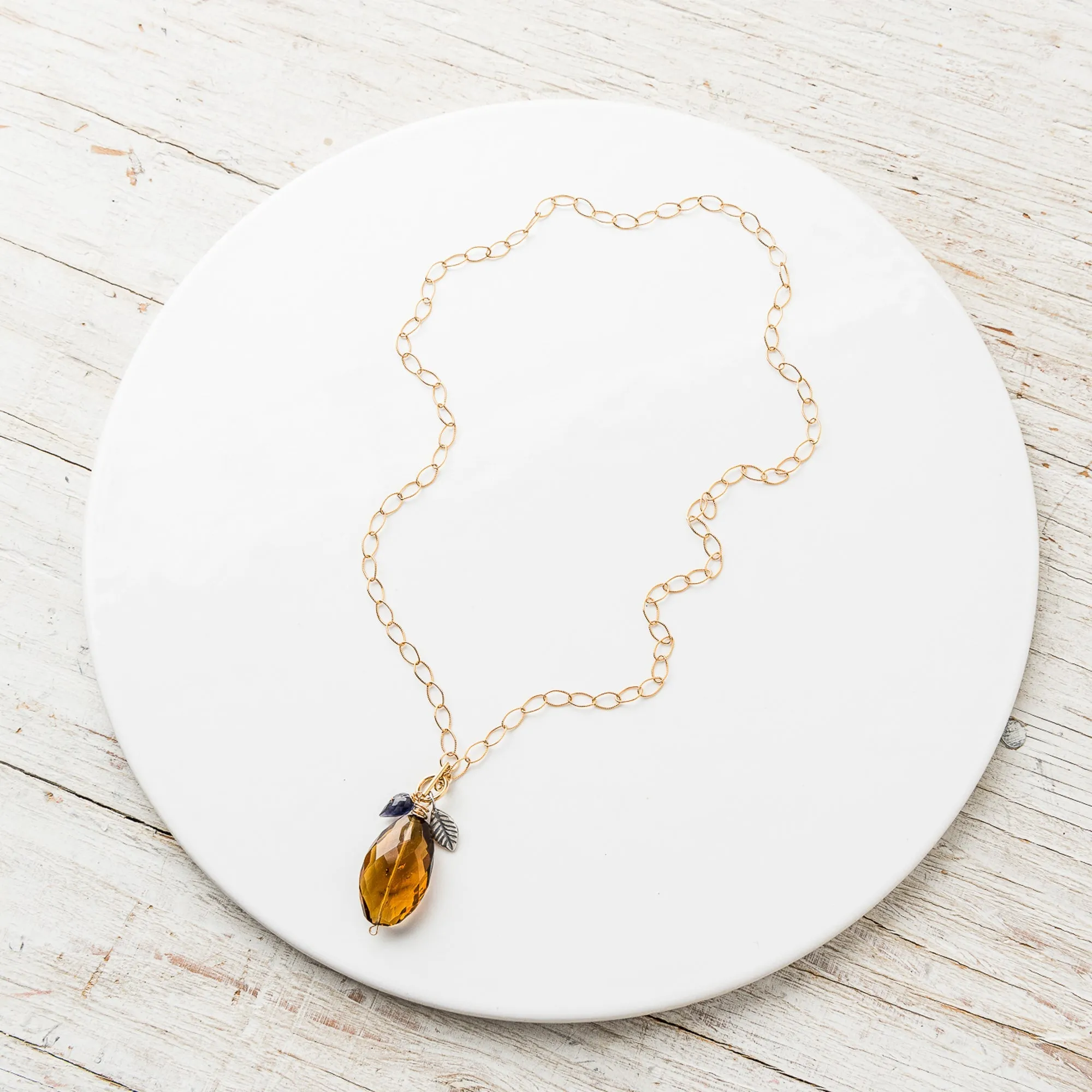 Whiskey Quartz Cluster Necklace with Iolite and Silver Leaf